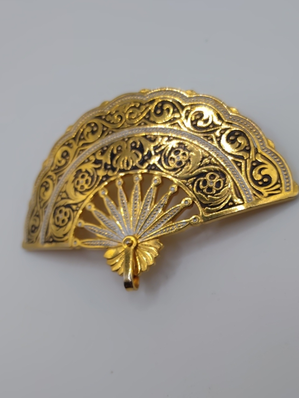 Damascene Spanish Themed Fan Brooch Vintage - Picture 3 of 4